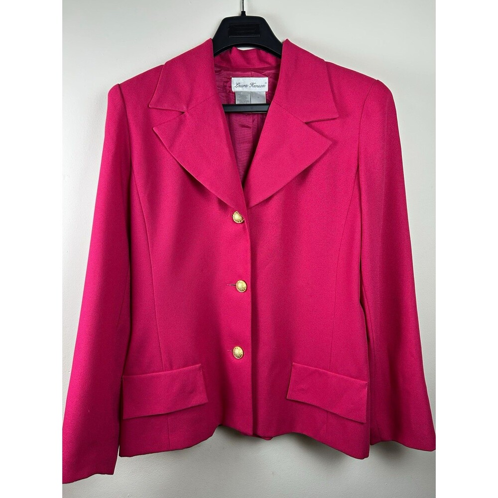 Vintage 80s Laura Henson Hot Pink Magenta Gold Crest Buttons Blazer Jacket Sz 16